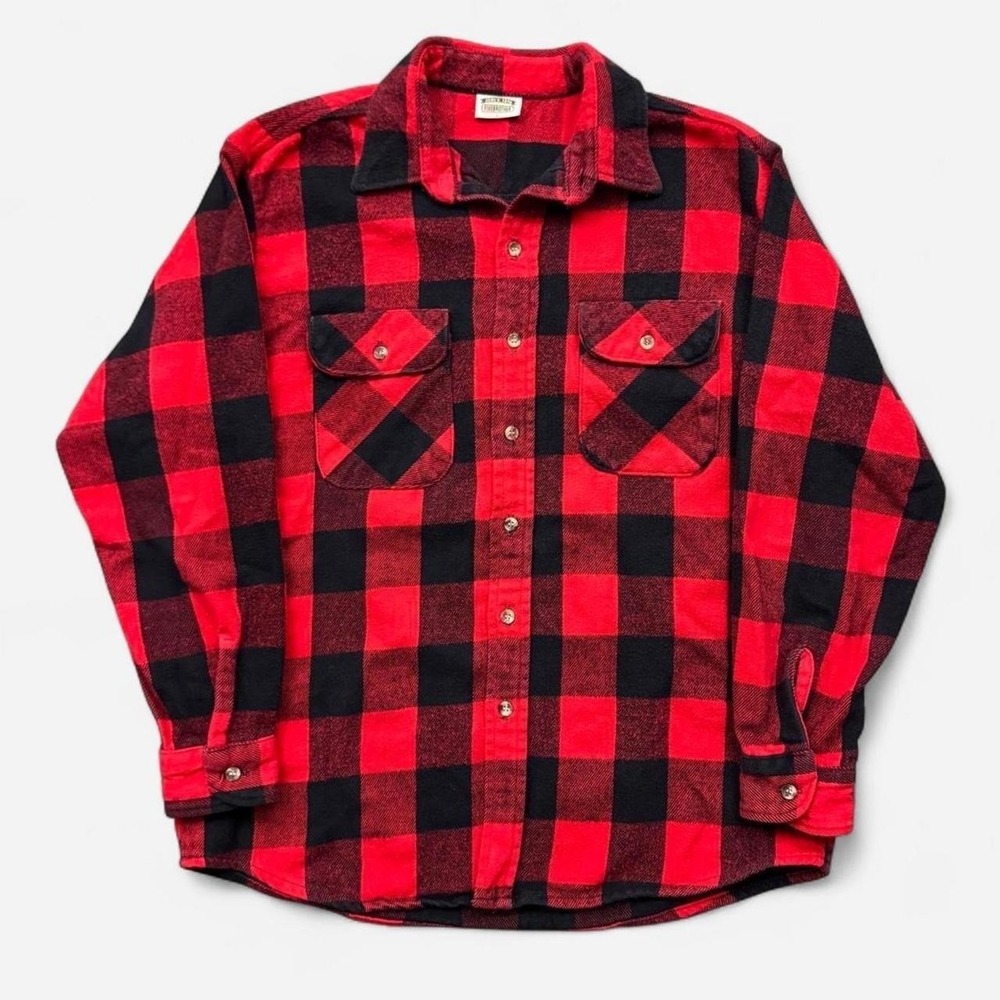 Vintage Five Brother Shirt Red Buffalo Plaid Flannel Heavy Cotton Made USA Sz L